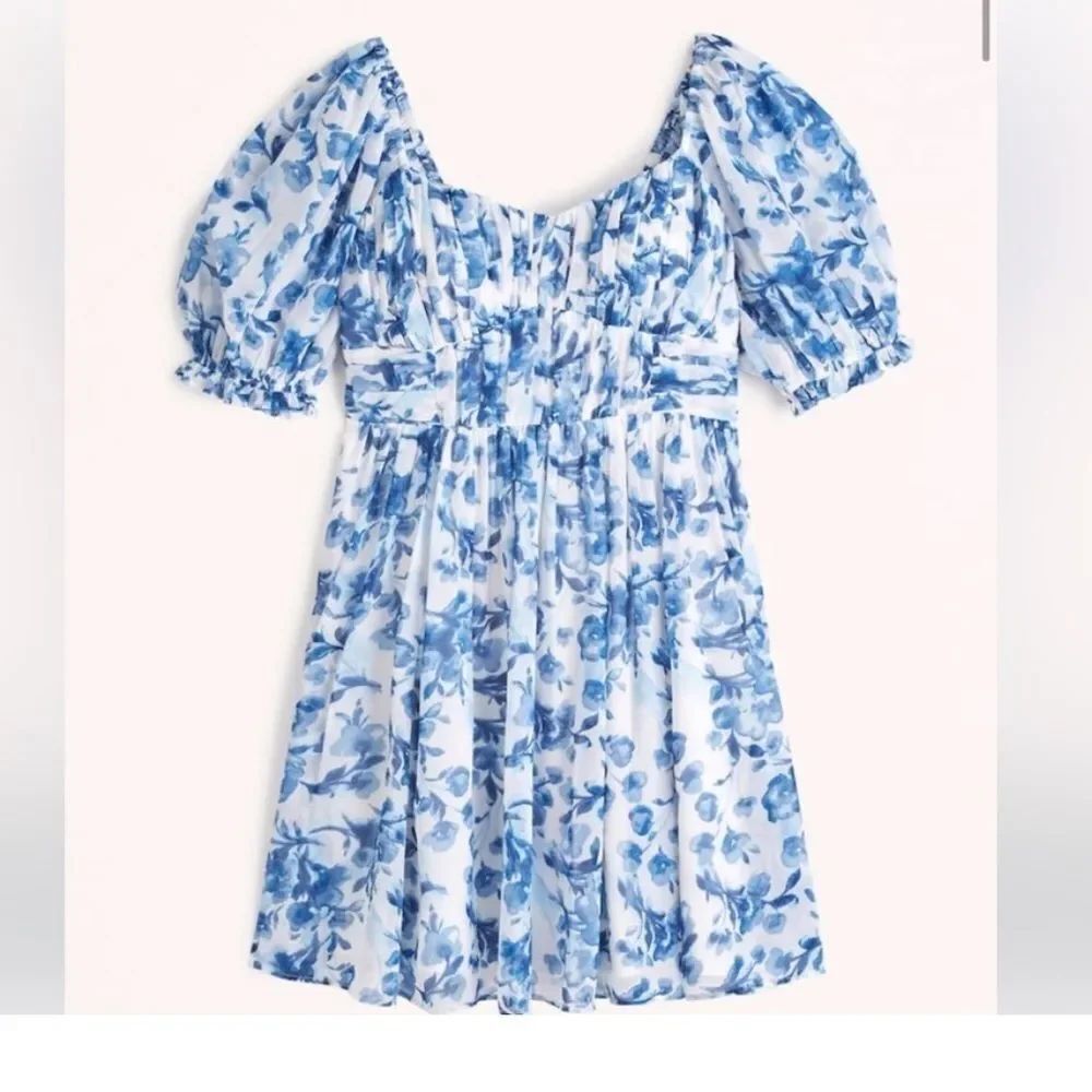 Abercrombie Ruched Ruffle Puff Sleeve Mini Dress Navy Floral Women’s Petite XXS